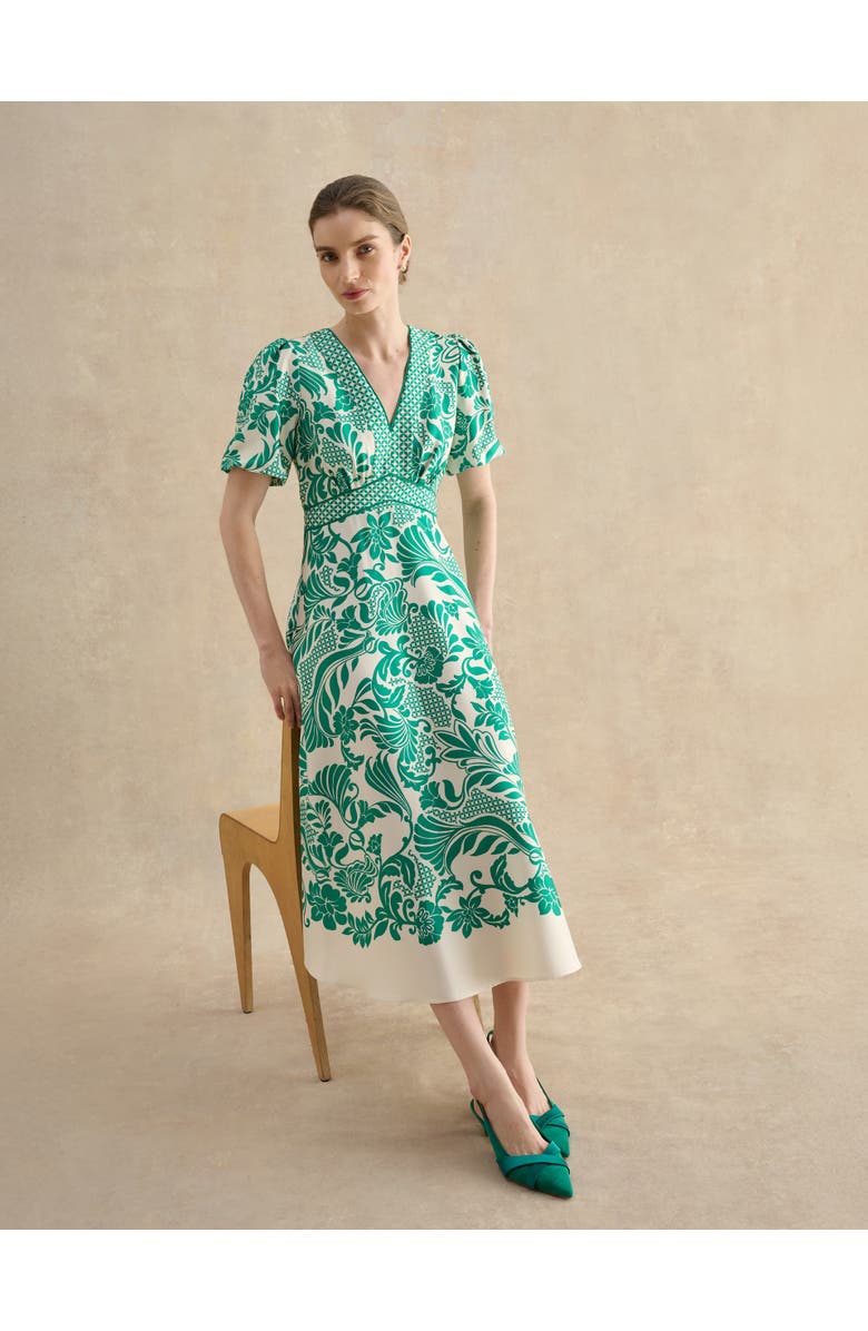 HOBBS LONDON Trelissick V-Neck Fit Flare Dress, Alternate, color, Greencream