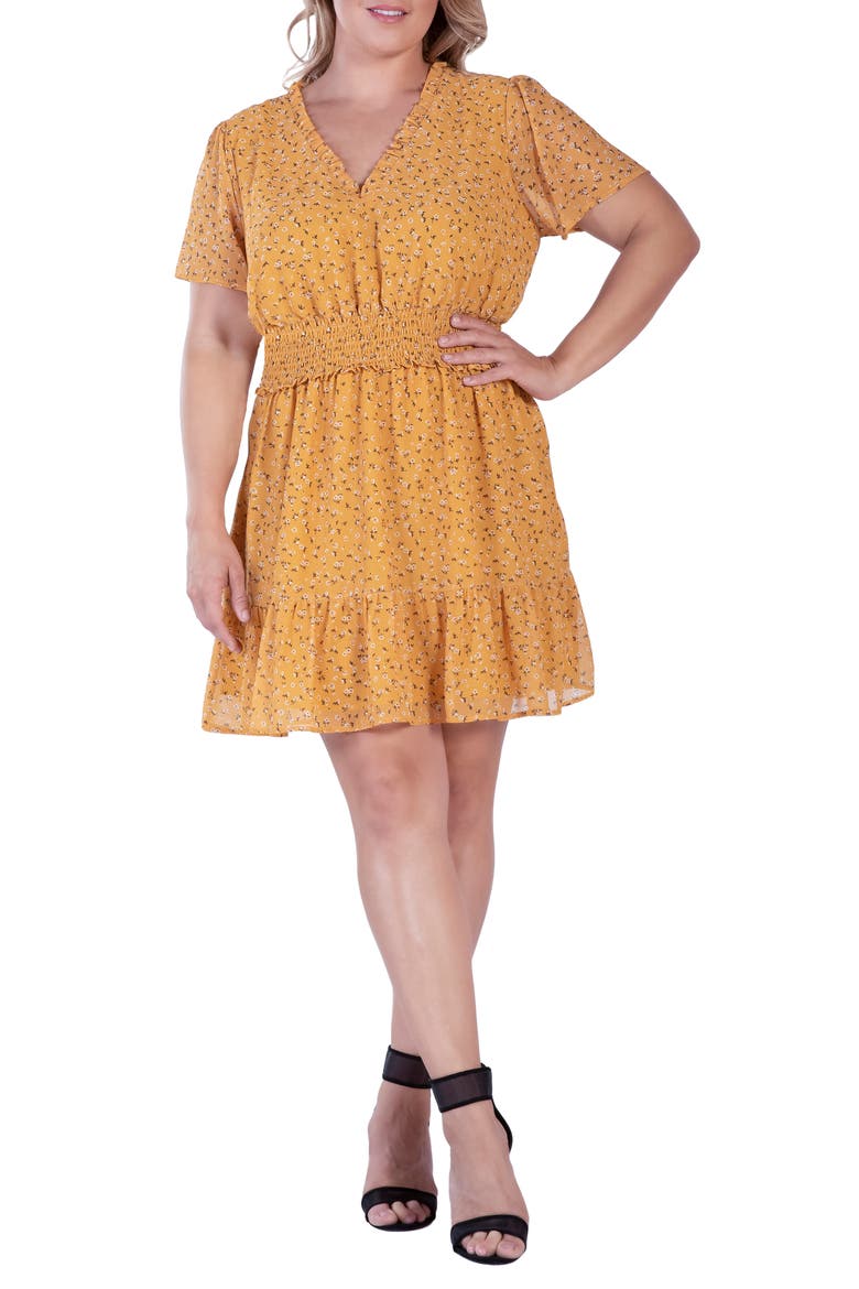 Floral Short Sleeve Fit & Flare Dress, Alternate, color, YELLOW FLORAL