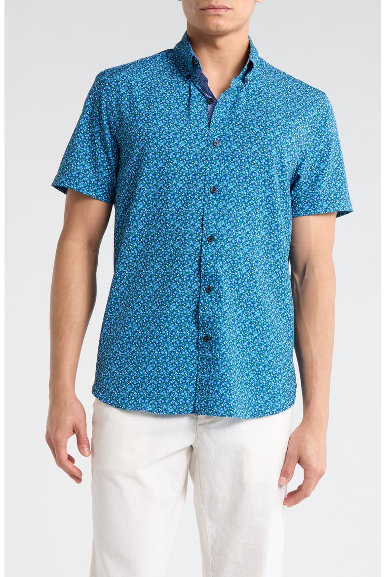 Slim Fit Large Floral Short Sleeve Button-Down Shirt, Main, color, NAVY/ GREEN