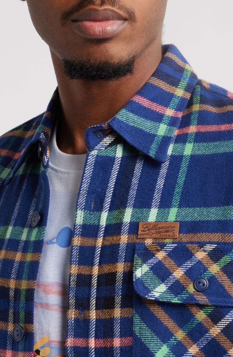 Billionaire Boys Club Mecca Plaid Flannel Button-Up Overshirt, Alternate, color, Medieval Blue
