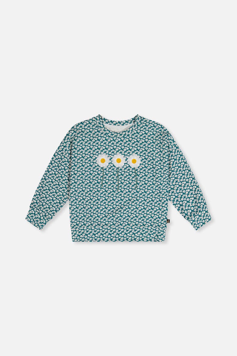 Jersey Daisy Embroidery Sweater Fit Long Sleeve T-Shirt, Main, color, Green Floral Print