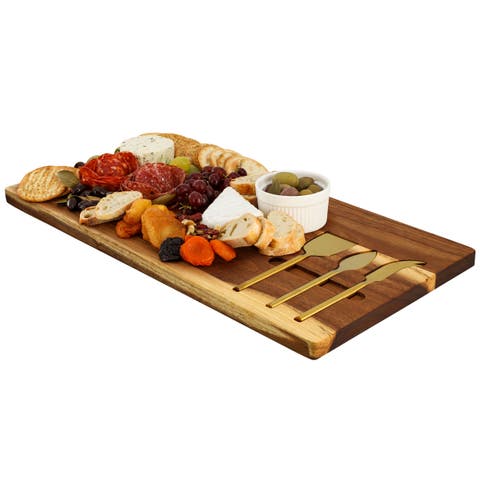 21 x 11 Inch Acacia Wood Cheese Board with 3 Piece Knife  Set