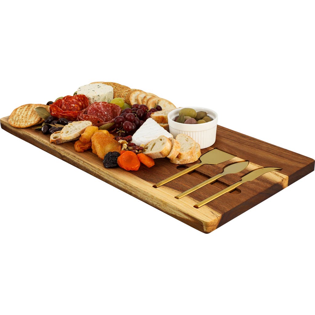 Megachef 21 X 11 Inch Acacia Wood Cheese Board With 3 Piece Knife Set In Brown