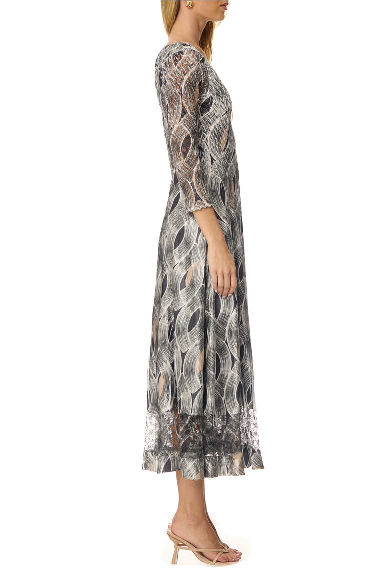 Geometric Charmuese Dress with Lace Sleeves, Alternate, color, Black Eye