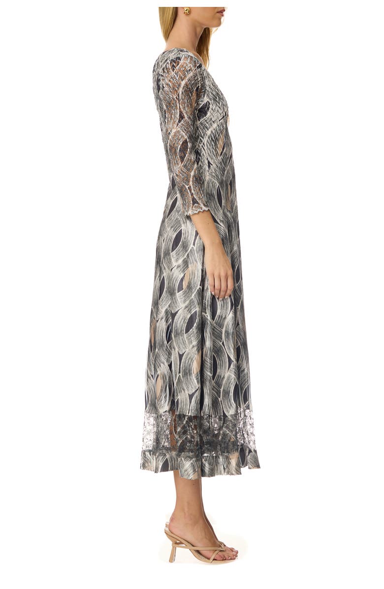 Komarov Geometric Charmuese Dress with Lace Sleeves, Alternate, color, Black Eye