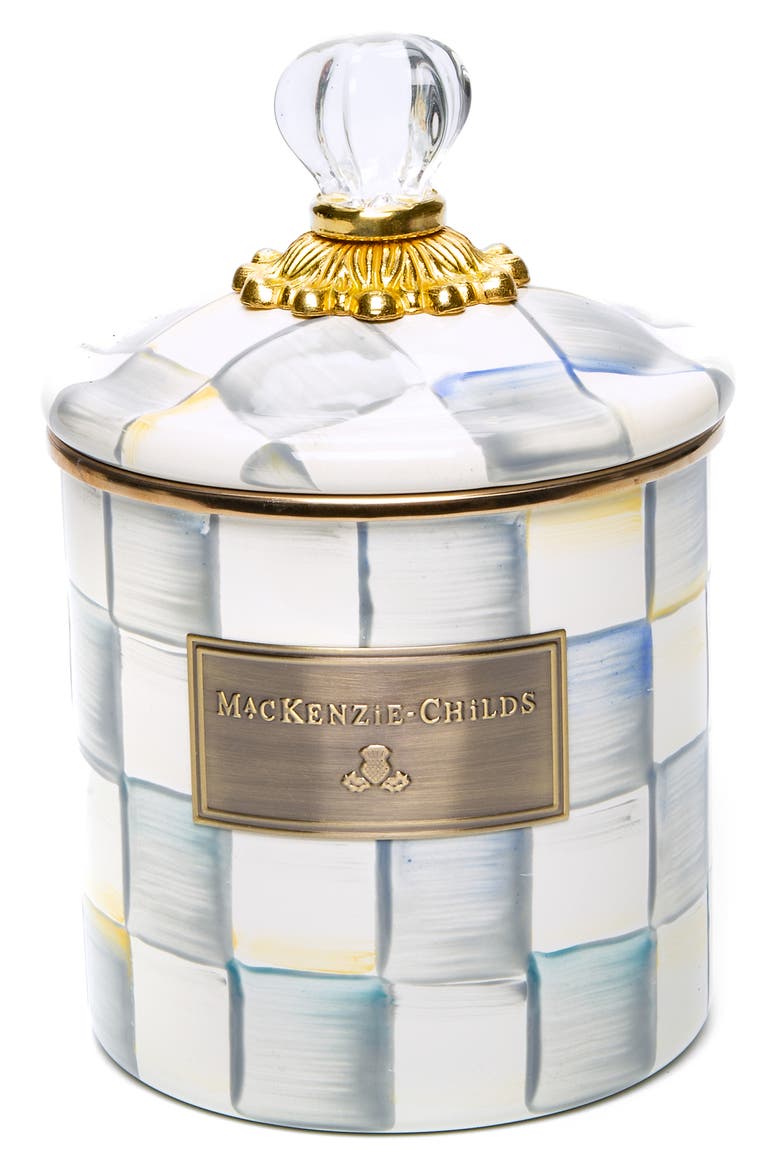 Sterling Check Enameled Steel Small Canister, Main, color, GREY/ WHITE