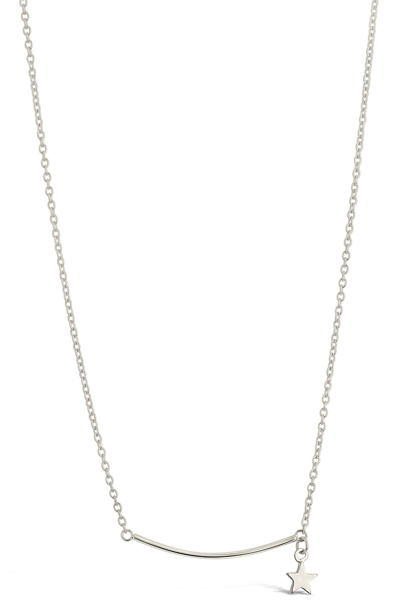 Sterling Forever Curved Bar & Star Charm Pendant Necklace