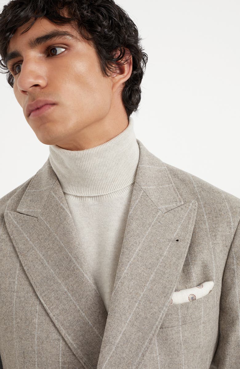Brunello Cucinelli Wool and cashmere wide chalk stripe combed flannel one-and-a-half breasted deconstructed blazer with patch pockets, Alternate, color, 