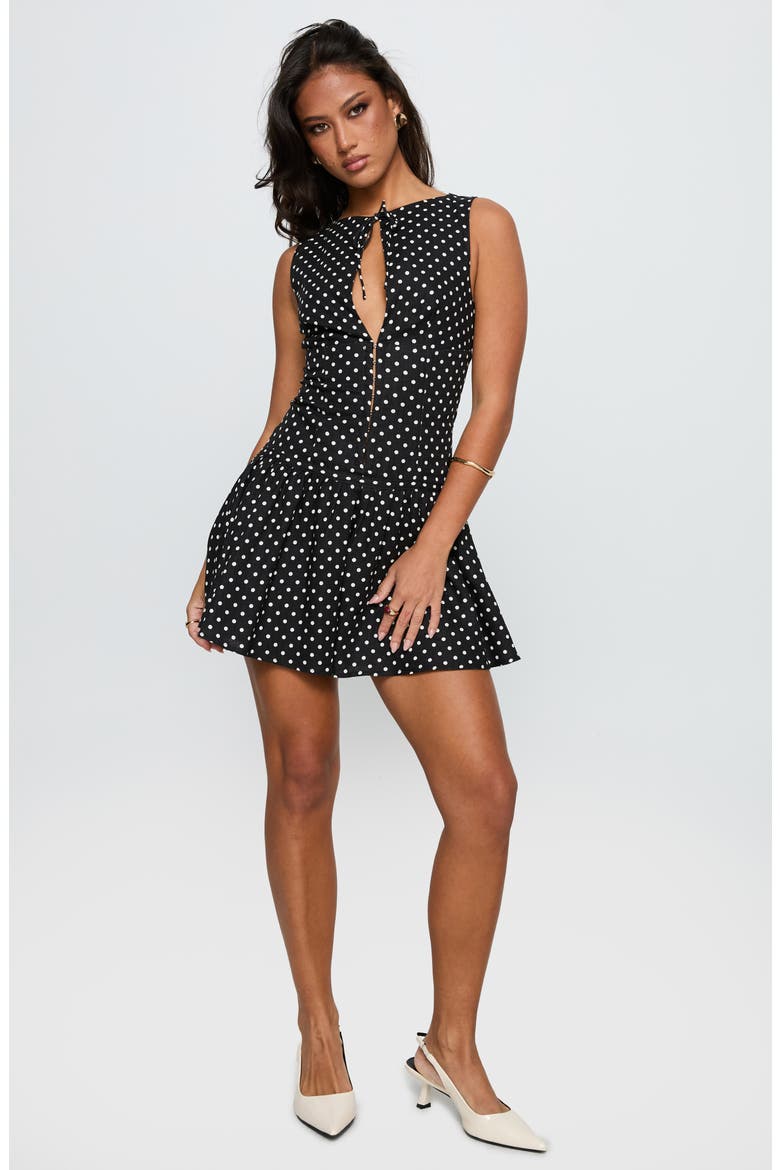 Alissea Polka Dot Keyhole Linen Blend Minidress, Alternate, color, BLACK POLKA