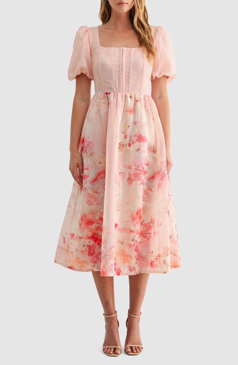Mila Mae Puff Sleeve Chiffon Fit & Flare Midi Dress, Main, color, Pink Floral