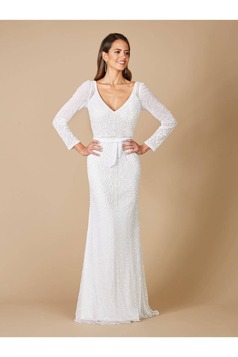 Grant Long Sleeve Beaded Wedding Dress, Alternate, color, Ivory