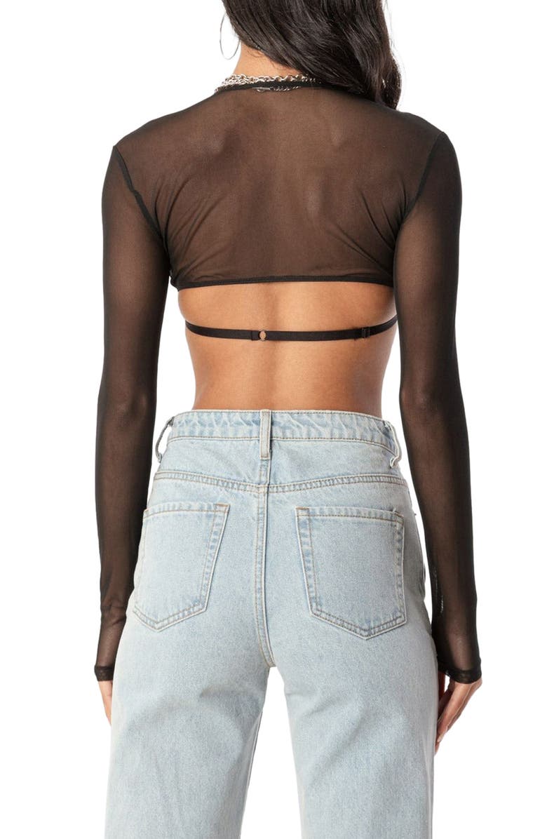 EDIKTED Lin Mesh Long Sleeve Bra Top, Alternate, color, Black
