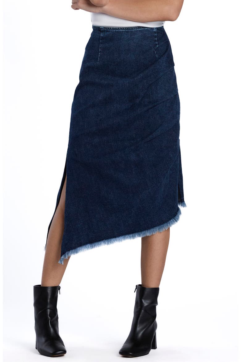 Bustle Frayed Asymmetric Denim Midi Skirt, Main, color, LORA BLUE