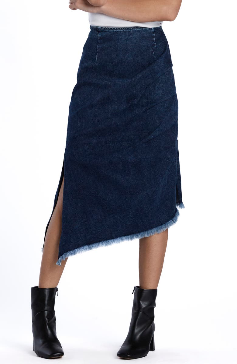 Wash Lab Denim Bustle Frayed Asymmetric Denim Midi Skirt, Main, color, Lora Blue