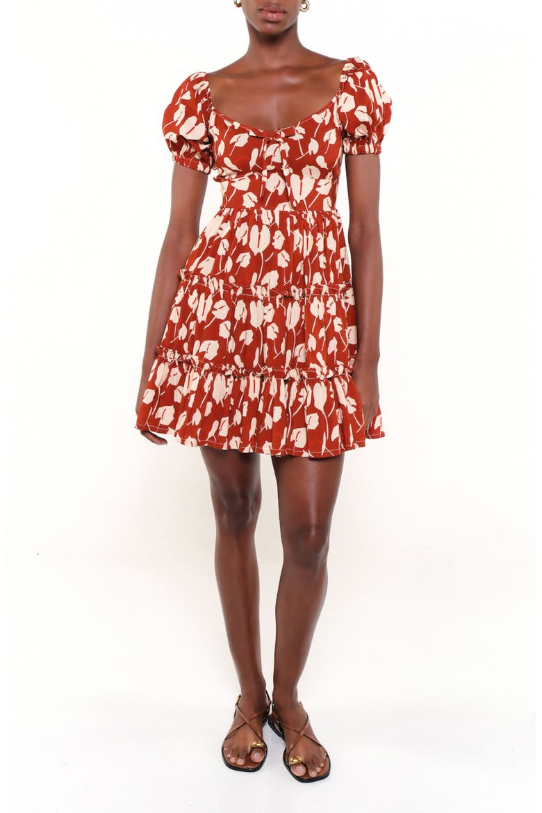 The Bloom Puff Sleeve Tiered Stretch Cotton Minidress, Main, color, RED BRAVE FLORA