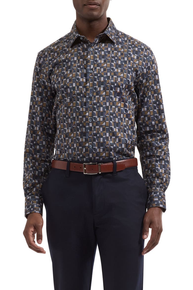 Julian Shaped Geometric Print Cotton Shirt, Main, color, INK