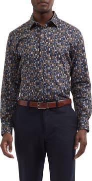 Bugatchi Julian Shaped Geometric Print Cotton Shirt