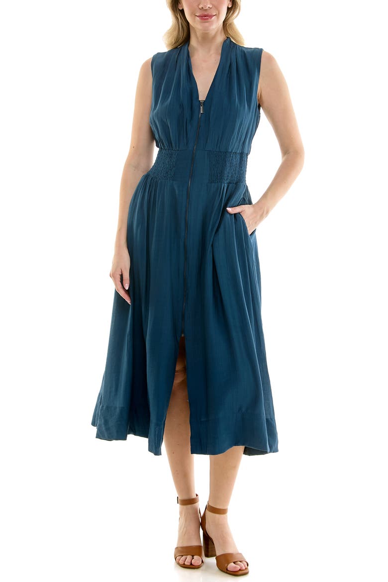 Smocked Waist Zip Front Midi Dress, Main, color, DARK DENIM