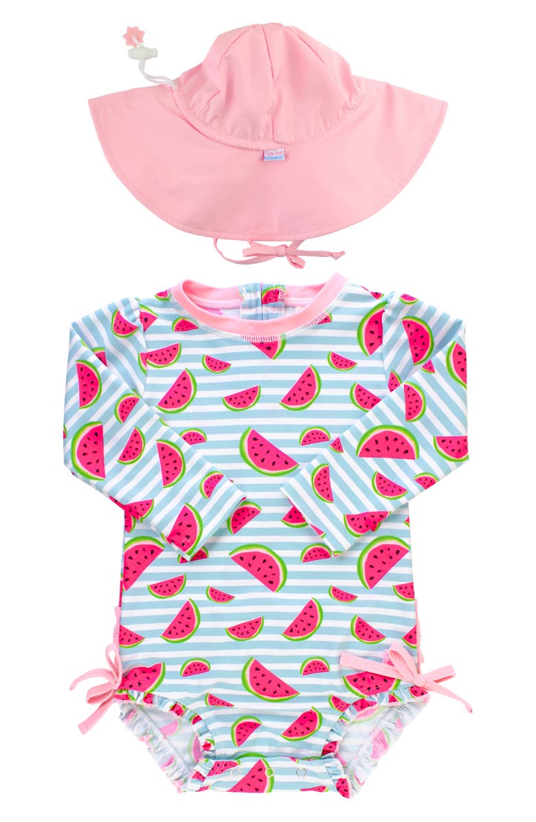 RuffleButts Watermelon One-Piece Rashguard Swimsuit & Hat Set, Main, color, 