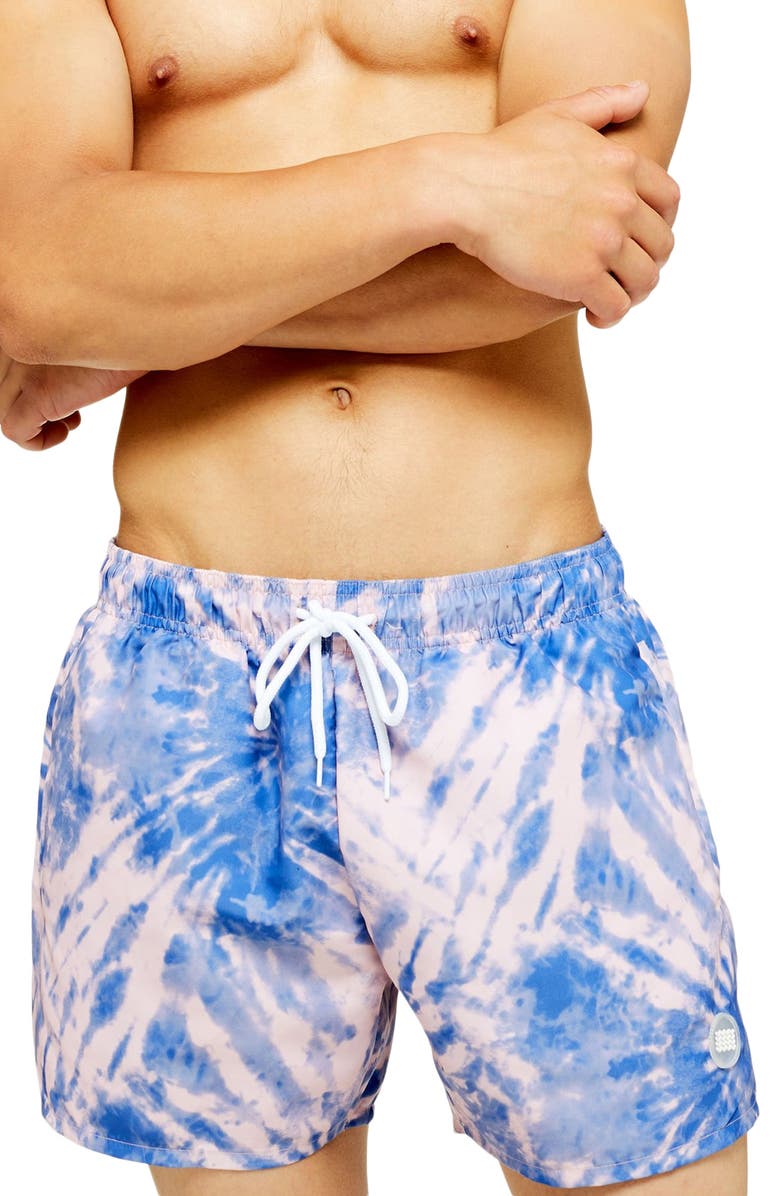 Topman Tie Dye Classic Fit Swim Shorts, Main, color,