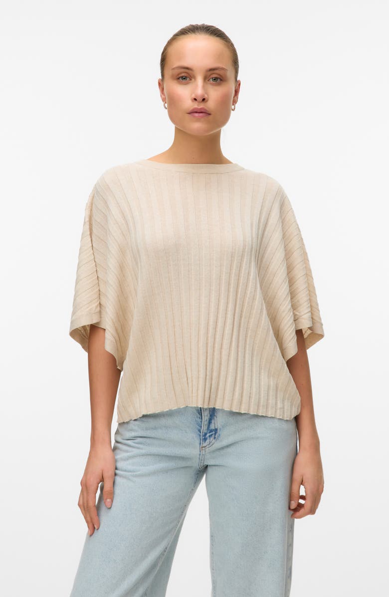 VERO MODA Barbados Short Sleeve V-Back Sweater, Alternate, color, Oatmeal
