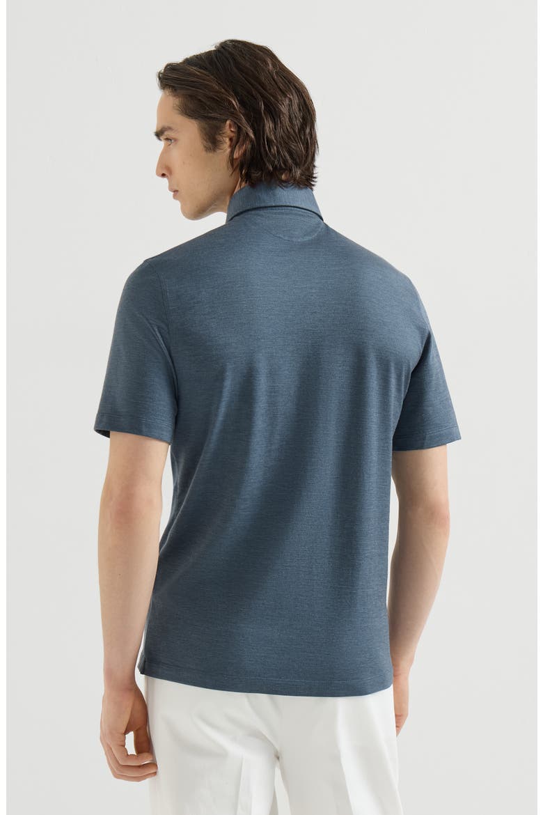 Virgin wool, silk and cotton piqué polo shirt with spread collar, Alternate, color, Cerulean