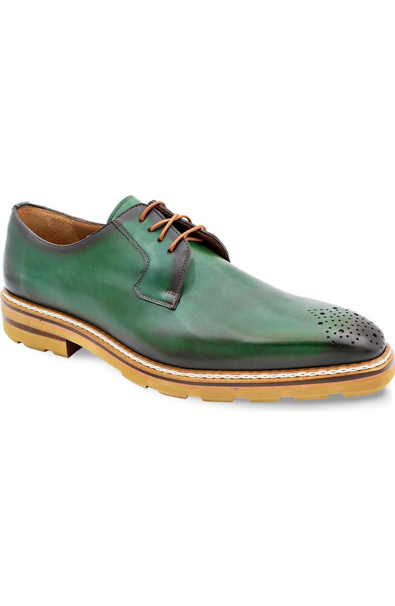 Mezlan Lug Sole Brogue Medallion Derby, Main, color, Forest