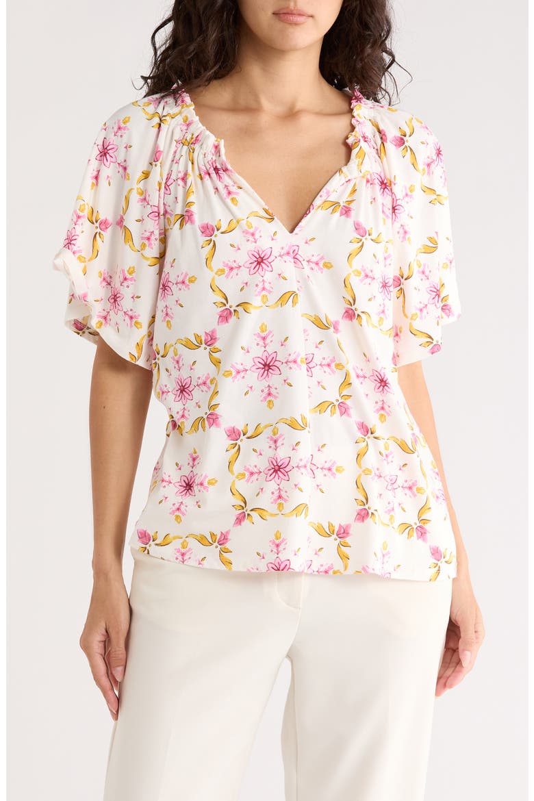 Ruffle Split Neck T-Shirt, Main, color, YELLOW/ PINK TILE-