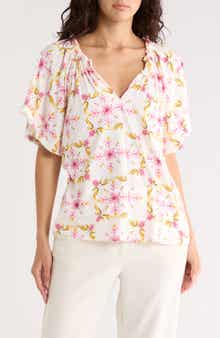 Bobeau Ruffle Split Neck T-Shirt