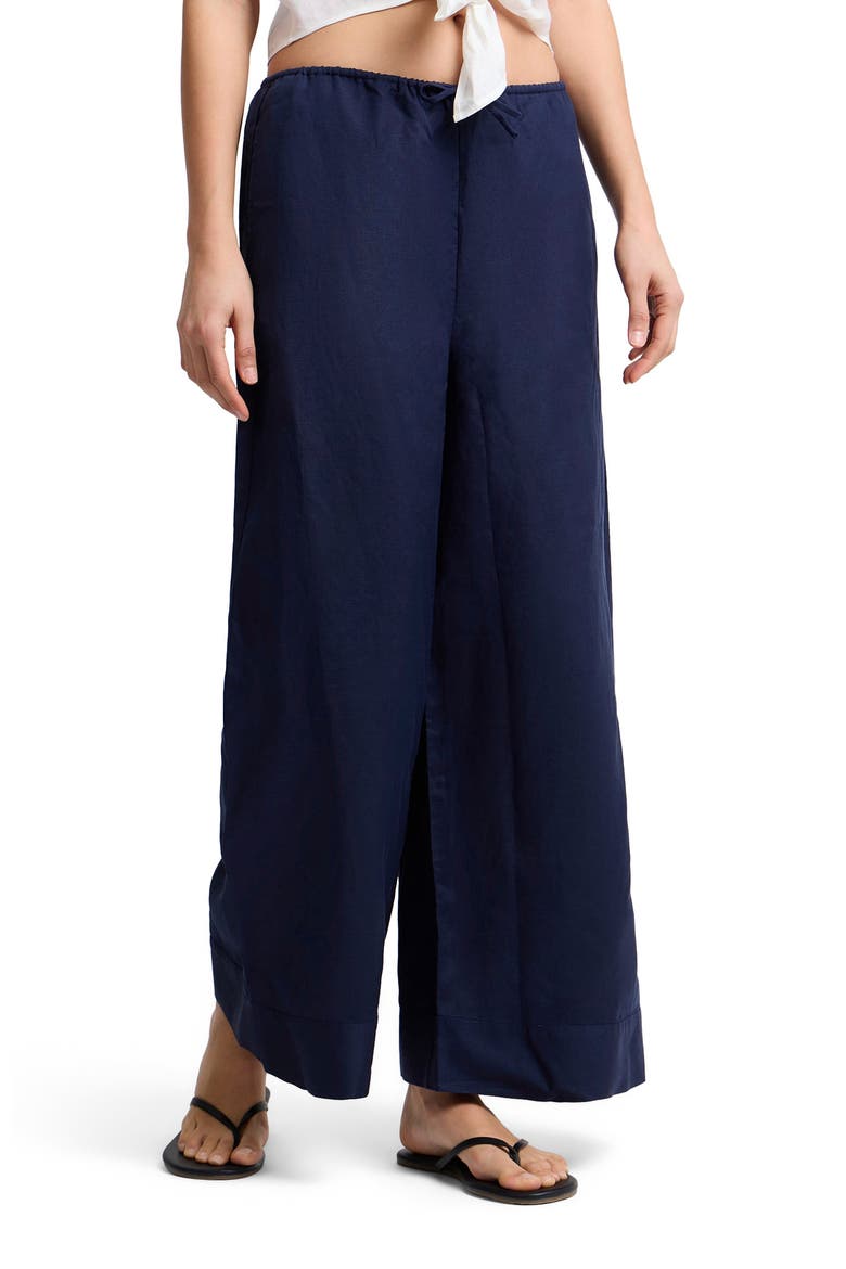 Air Linen Drawstring Wide Leg Pant, Alternate, color, Noir Navy