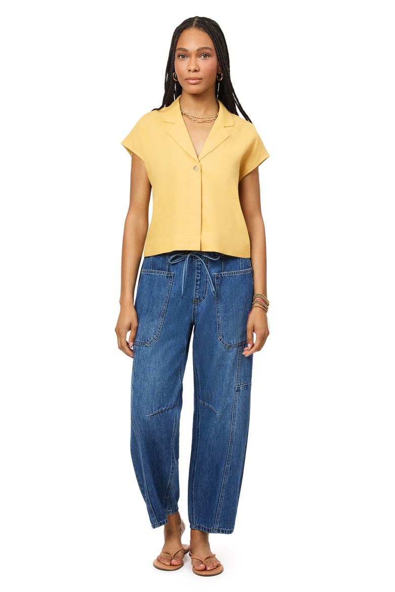 Short Sleeve Linen Blend Button-Up Top, Alternate, color, OCHRE