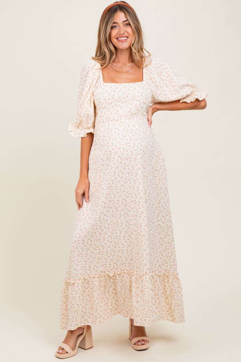 Floral Print Square Neckline Maxi Dress, Main, color, Beige