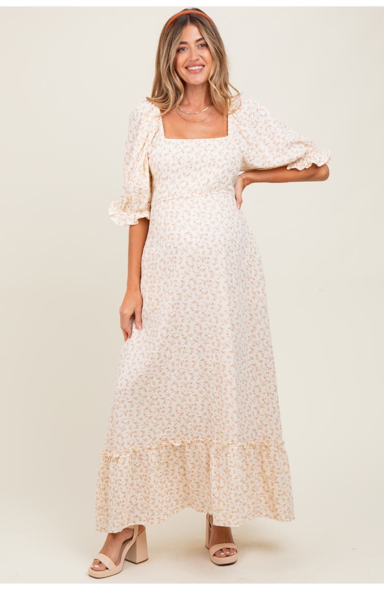 PinkBlush Floral Print Square Neckline Maxi Dress, Main, color, Beige