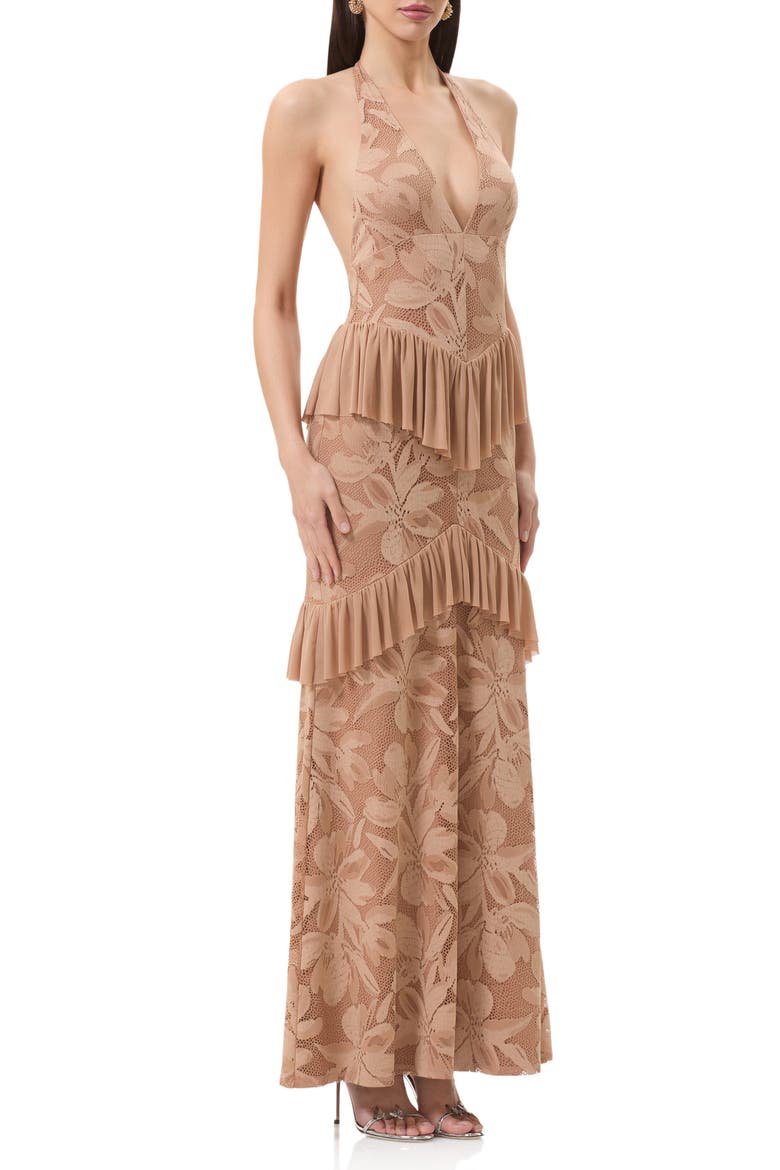 Athens Floral Lace Ruffle Halter Maxi Dress, Alternate, color, ALMOND