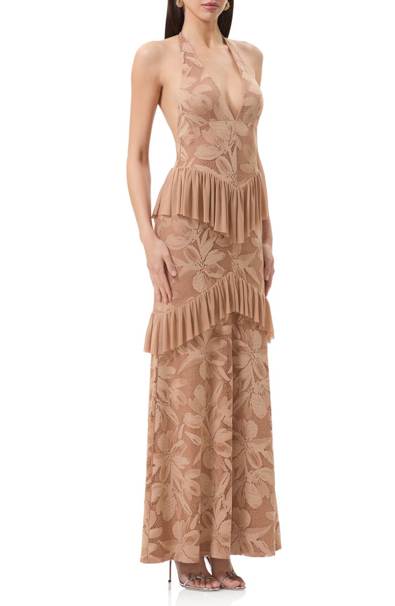 AFRM Athens Floral Lace Ruffle Halter Maxi Dress, Alternate, color, Almond