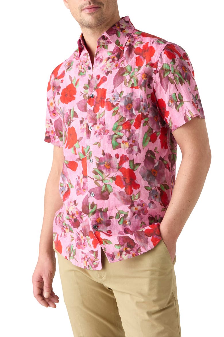 Morgan Printed Floral Linen Short Sleeve Shirt, Main, color, Pink