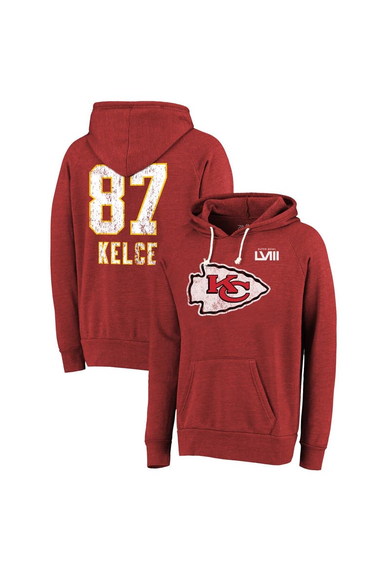 Men's Majestic Threads Travis Kelce Red Kansas City Chiefs Super Bowl LVIII Player Name & Number Tri-Blend Pullover Hoodie, Main, color, Red
