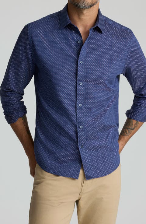 Rigby Navy Micropattern Wrinkle Free Cotton Button-Up Shirt