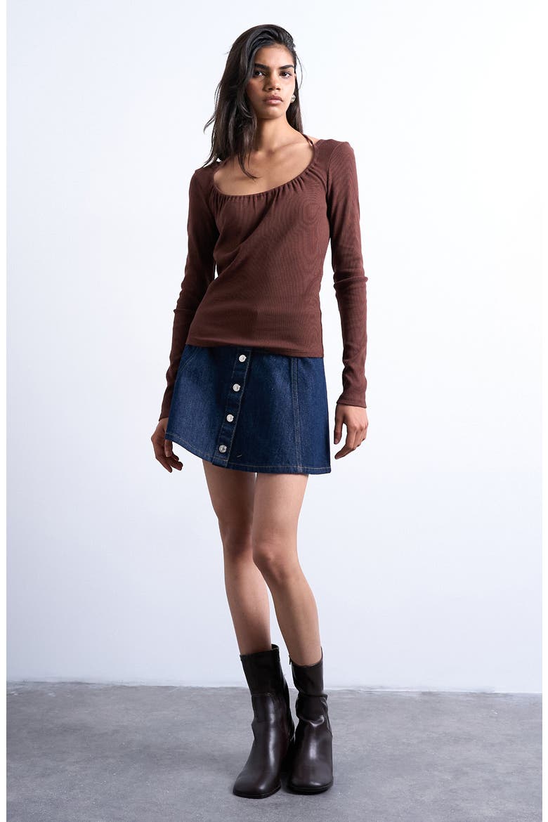 Tie Neck Rib Scoop Neck Top, Alternate, color, BROWN