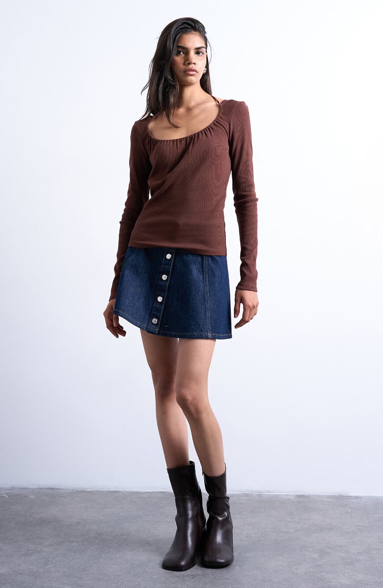 Topshop Tie Neck Rib Scoop Neck Top, Alternate, color, Brown