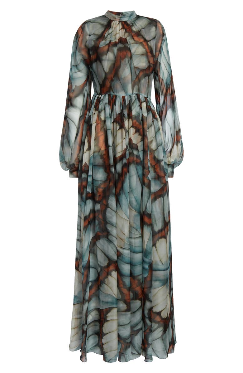 Oscar de la Renta Butterfly Print Long Sleeve Silk Chiffon Gown, Alternate, color, Blue Multi