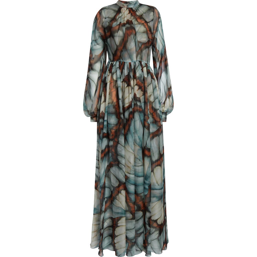 Oscar De La Renta Butterfly Print Long Sleeve Silk Chiffon Gown