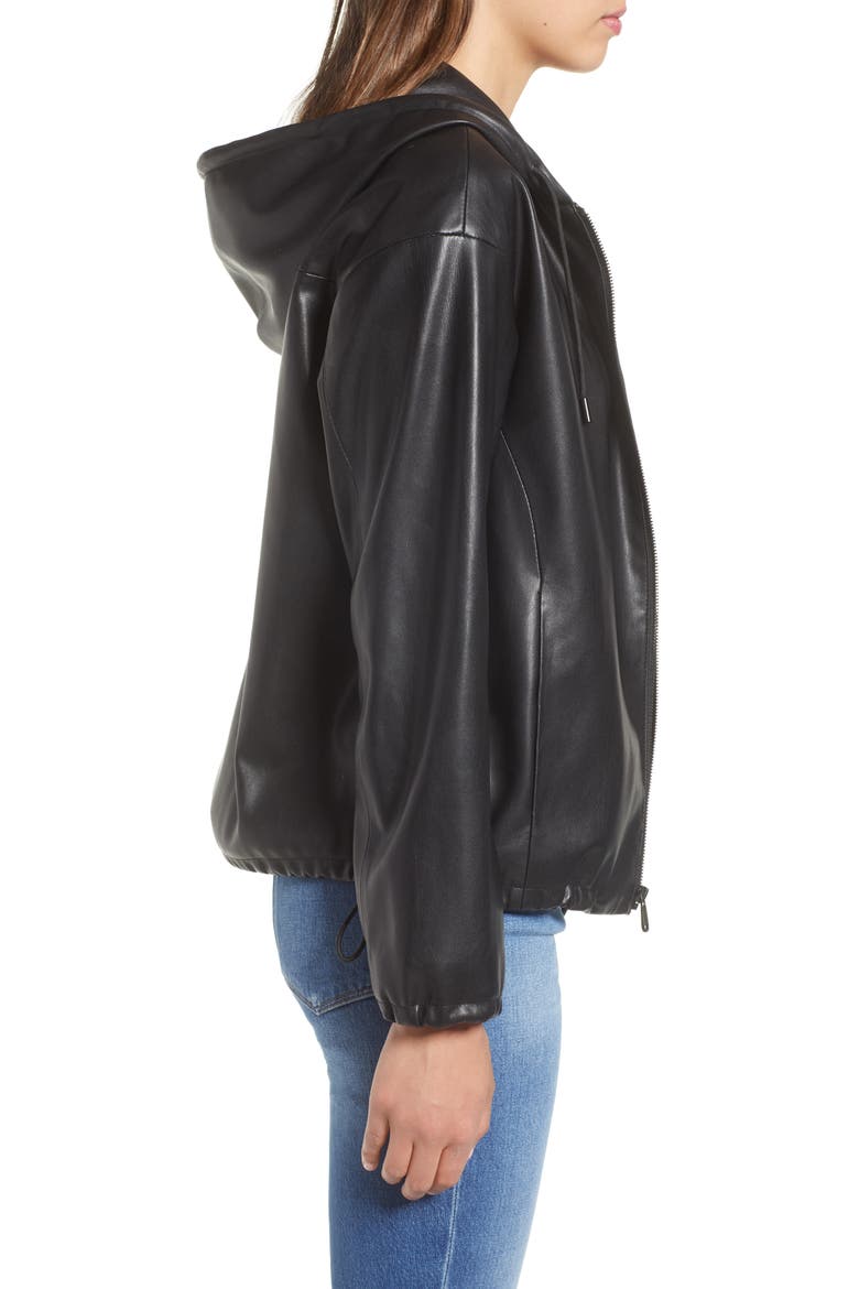 Faux Leather Zip Hoodie, Alternate, color, BLACK