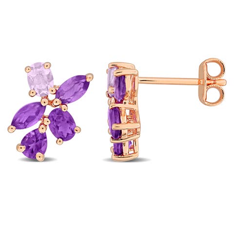 Amethyst Floral Cluster Earrings Rose-Plated
