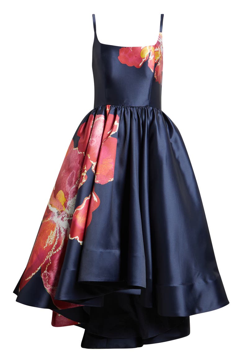 Shyloh Floral Mikado High-Low Gown, Alternate, color, NAVY/ RASPBERRY WATERCOLOR
