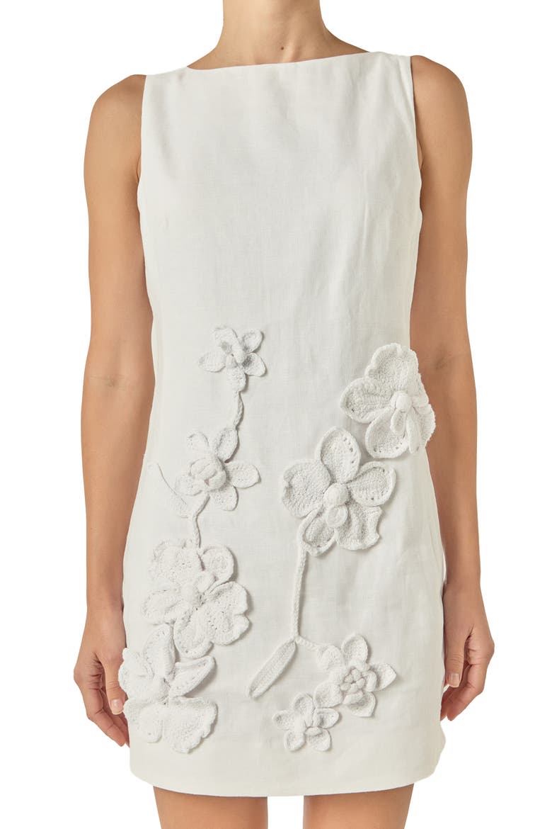 Crochet Flower Linen Minidress, Alternate, color, OFF WHITE