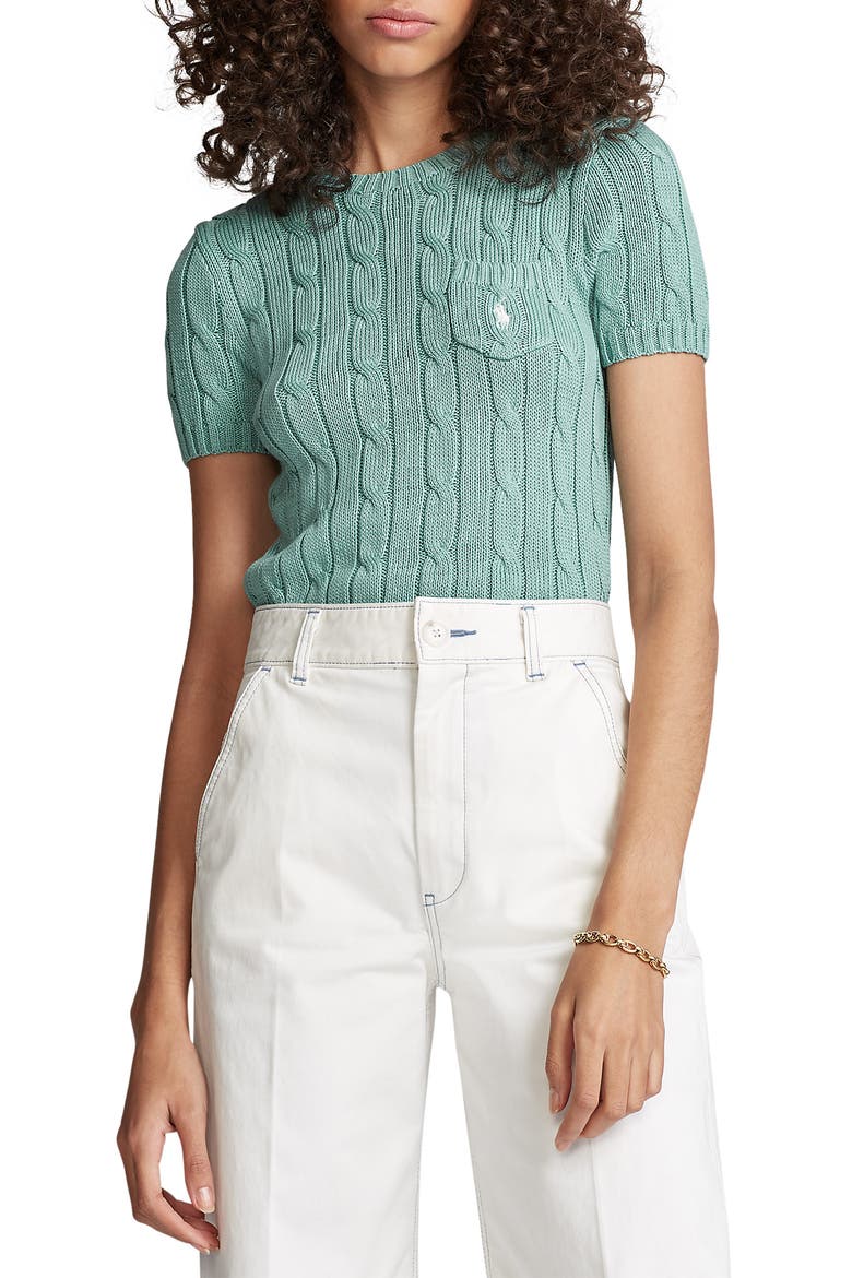 Short Sleeve Cable Sweater, Main, color, DEEP SEAFOAM