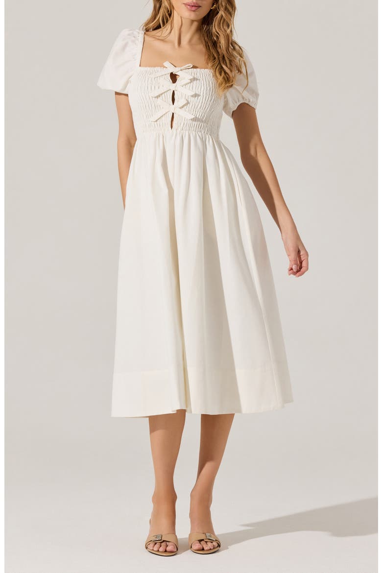 Bow Detail Smock Bodice Cotton Blend Dress, Main, color, WHITE