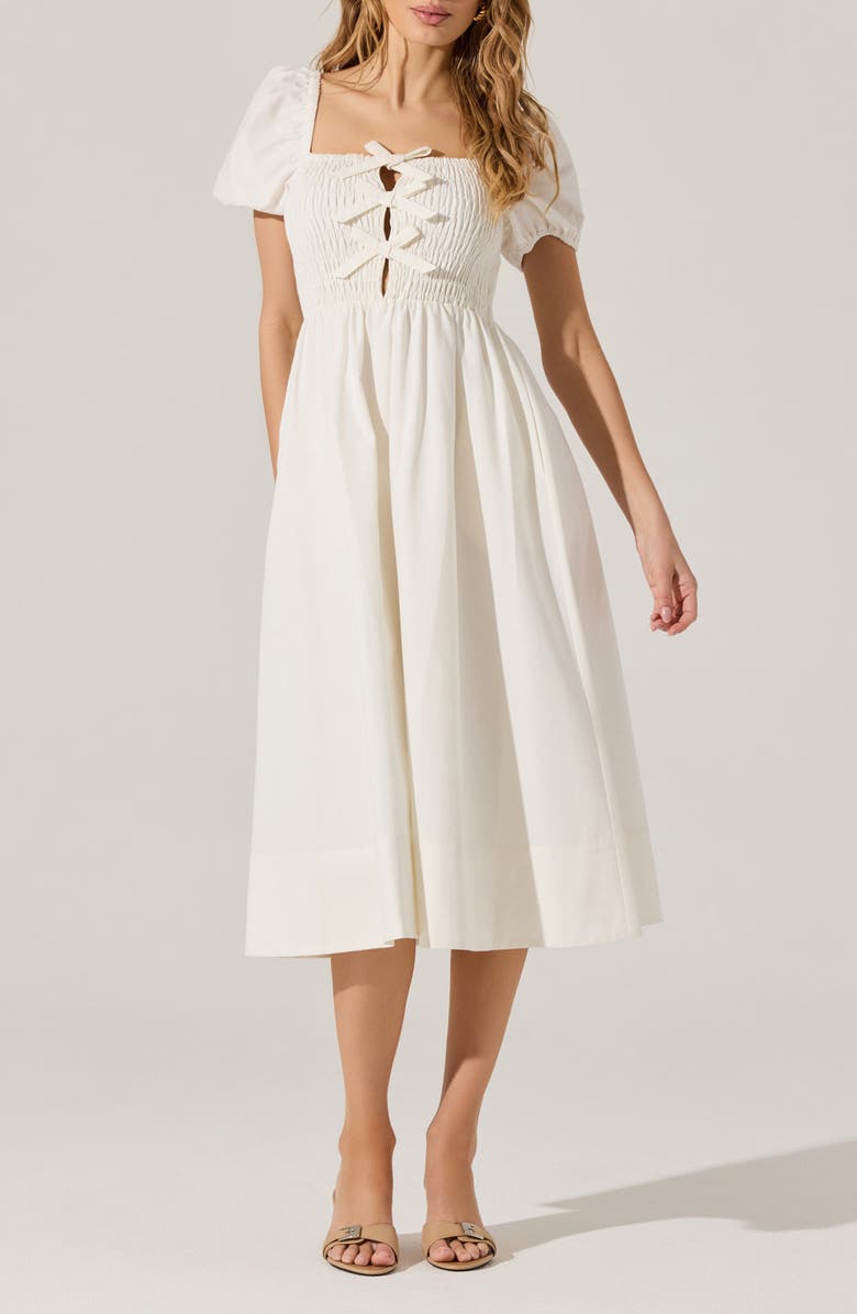ASTR the Label Bow Detail Smock Bodice Cotton Blend Dress, Main, color, White
