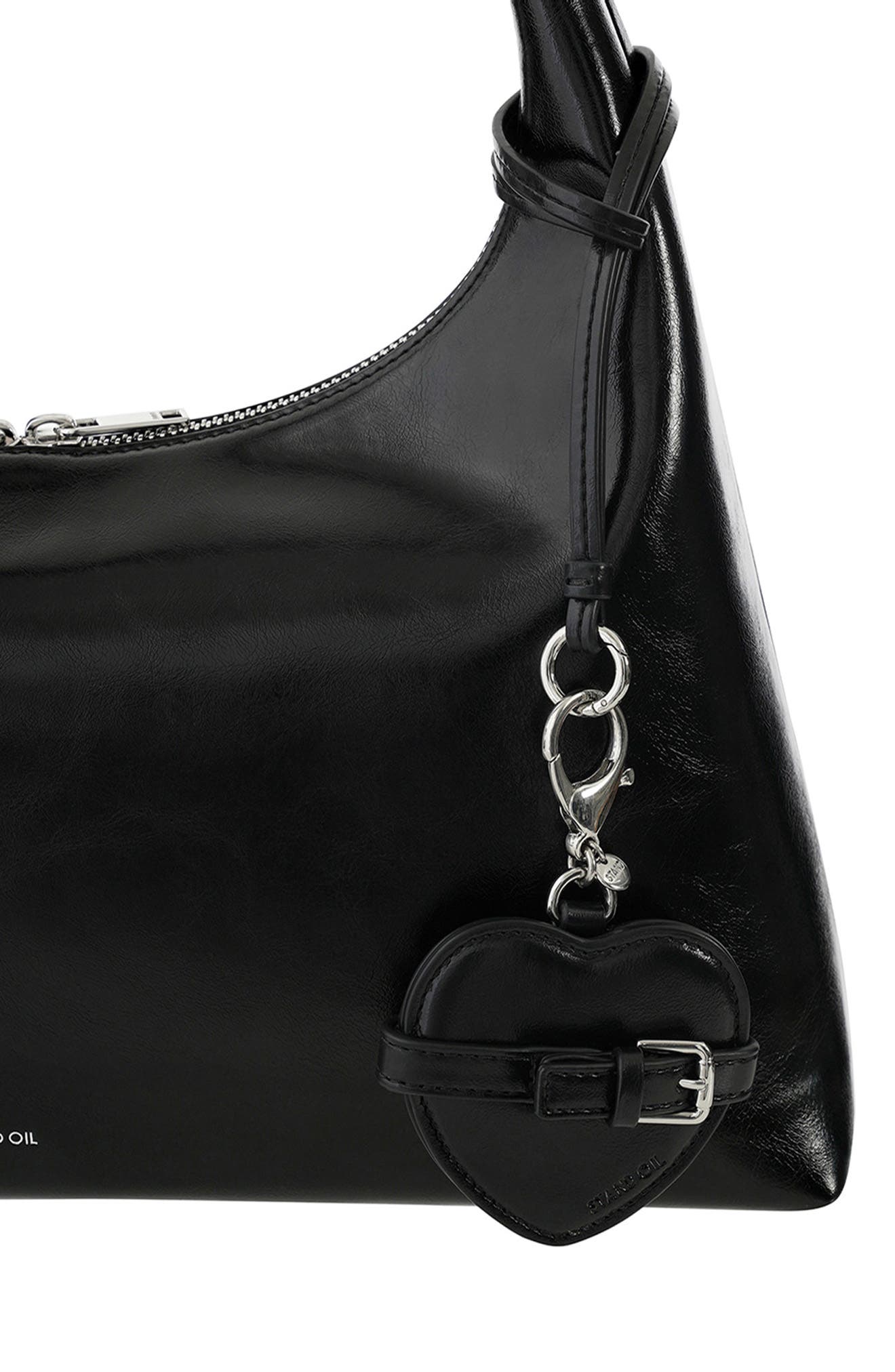 Stand Oil Belted Heart Mirror Faux Leather Key Ring Bag Charm, Alternate, color, Black